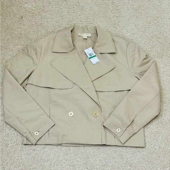 NWT Michael Kors Cropped Double-Breasted Cotton Trench Coat Khaki Women’s Sz L - Picture 12 of 15